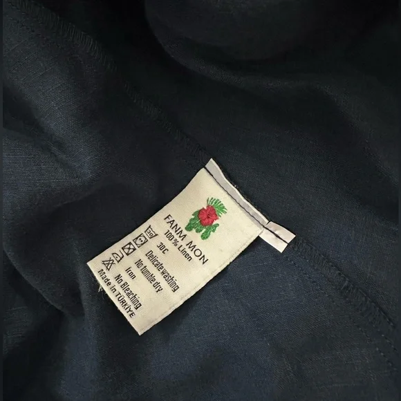 Fanm Mon 100% Linen Blue One-Shoulder Dress with Floral Embroidery